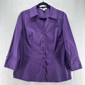 Jennifer and Grace Shirt Womens Sz L Button Front 3/4 Sleeve Cotton Blend Purple